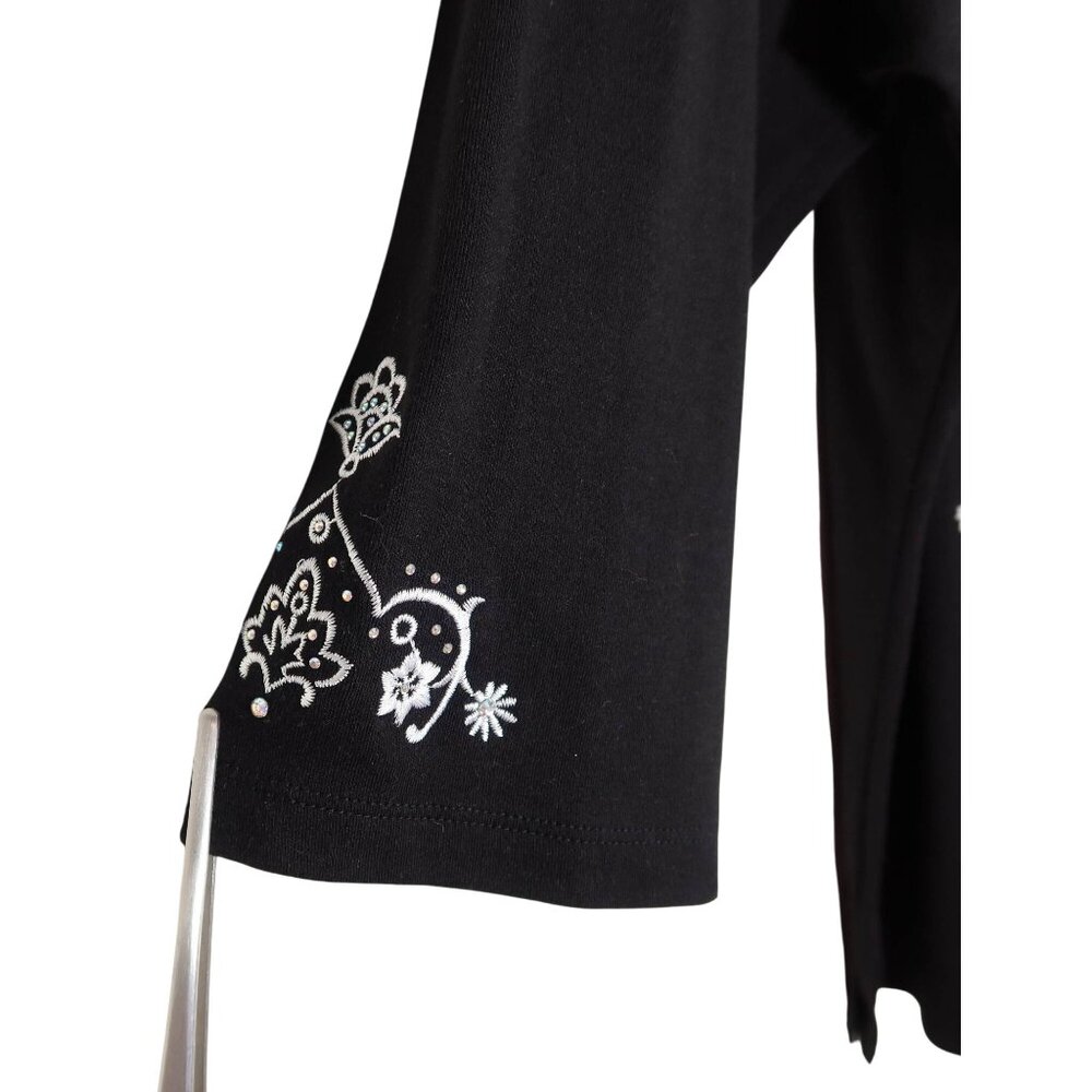 QUACKER FACTORY Embroidered Rhinestone 3/4 Sleeve Knit Tunic Top 1X Black White - Picture 6 of 10